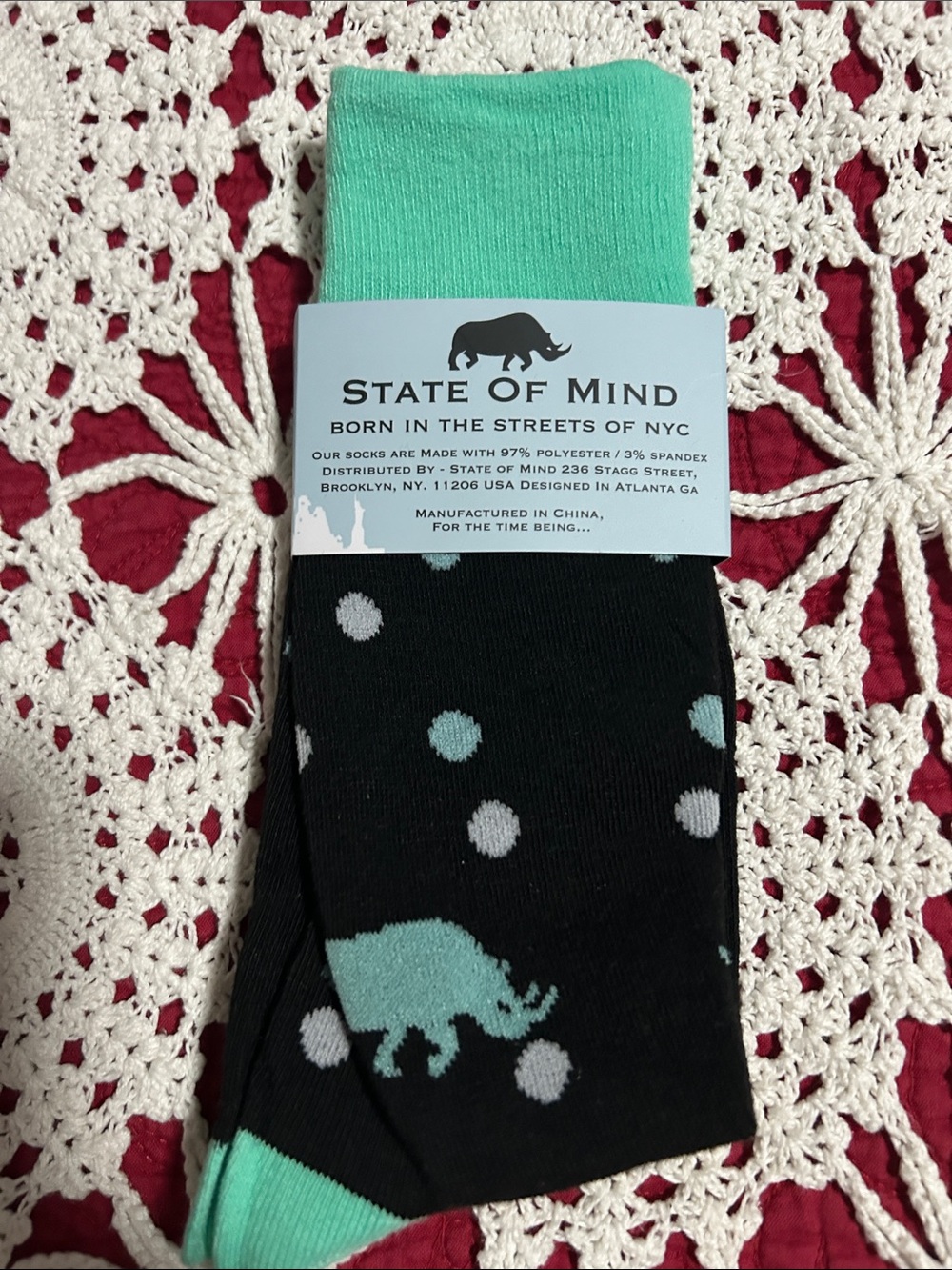 State of Mind Black Crew Socks with Mint Polka Dots and Rhino Motif